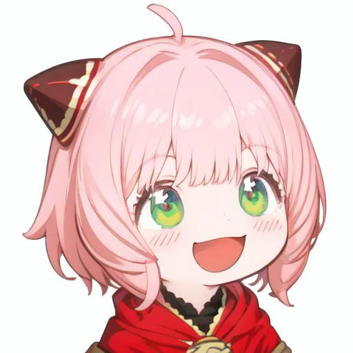 anime girl with pink hair and green eyes wearing a red cape