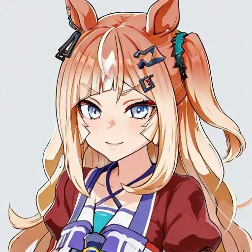 anime girl with long blonde hair and blue eyes holding a cat ear