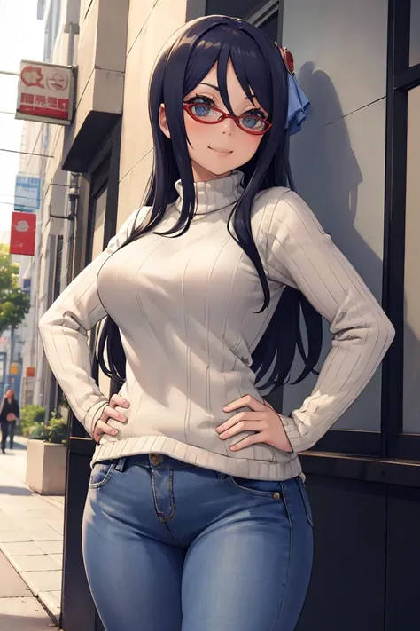 anime girl in jeans and a turtleneck sweater posing for a picture