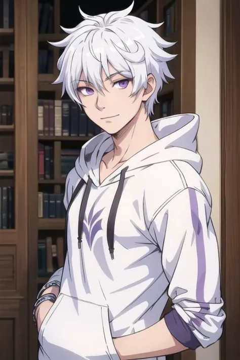 masterpiece, best quality, high quality, 1boy, solo, male focus, looking at viewer, upper body, <lora:ende:0.58>, ende, white hair, purple eyes, , hoodie