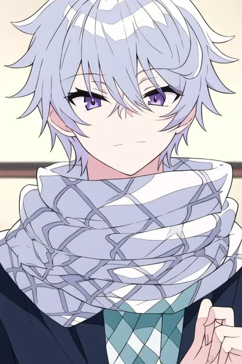 masterpiece, best quality, high quality, 1boy, solo, male focus, looking at viewer, upper body, <lora:ende:0.72>, ende, white hair, purple eyes, , school uniform