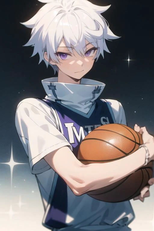 masterpiece, best quality, high quality, 1boy, solo, male focus, looking at viewer, upper body, <lora:ende:0.62>, ende, white hair, purple eyes, , basketball uniform