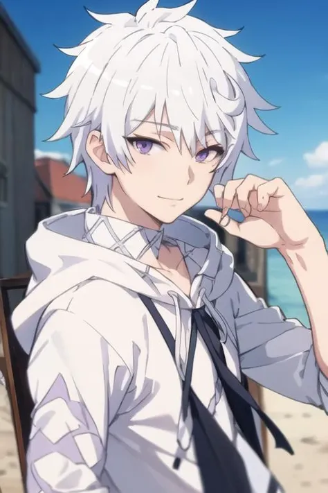 masterpiece, best quality, high quality, 1boy, solo, male focus, looking at viewer, upper body, <lora:ende:0.72>, ende, white hair, purple eyes, realistic, hoodie