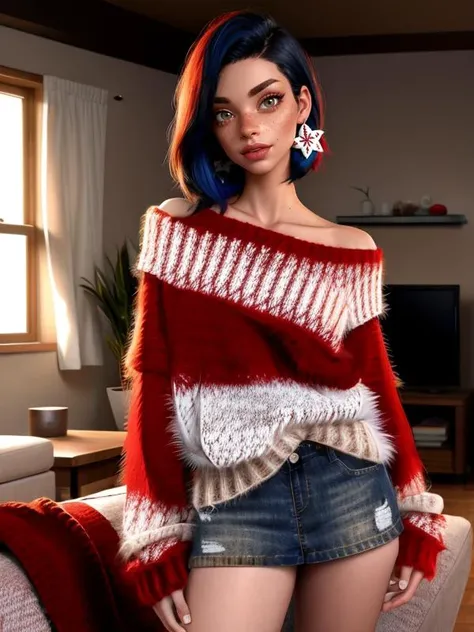 a close up of a woman with blue hair wearing a red and white sweater