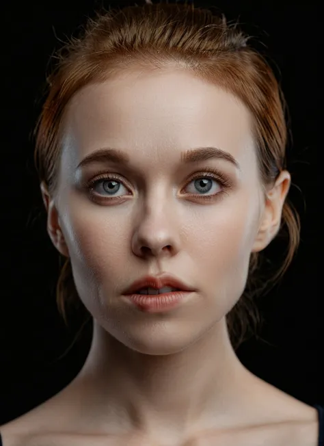 a close up of a woman with a black top and red hair