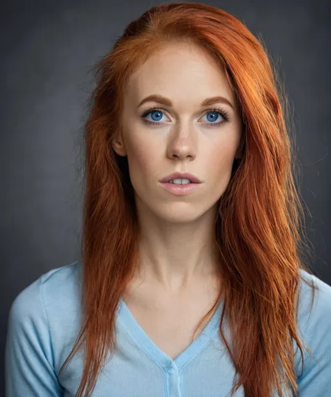 a woman with red hair and blue shirt looking at the camera