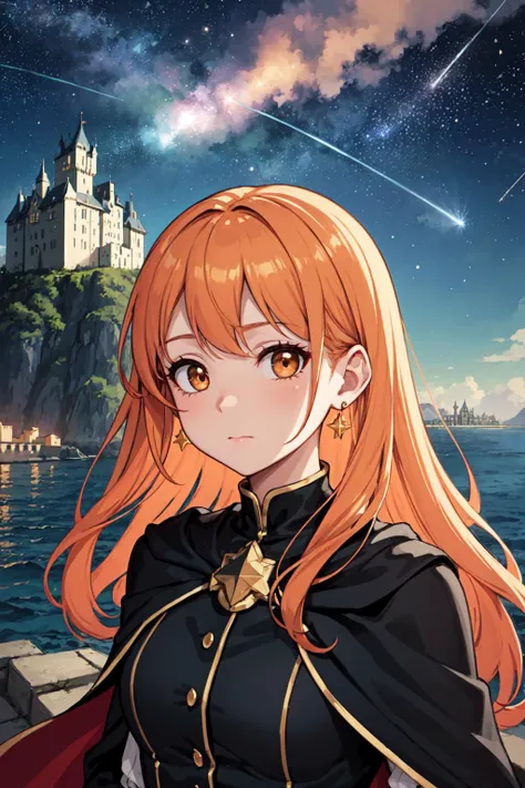 masterpiece, best quality, 1girl, close up, face focus, long black dress, gold buttons, cape, blouse, earrings, very long orange hair, hazel eyes,( castle in background:1.2), [houses], ocean, starry sky, buttons, serene expression, shooting star, soft ligh...