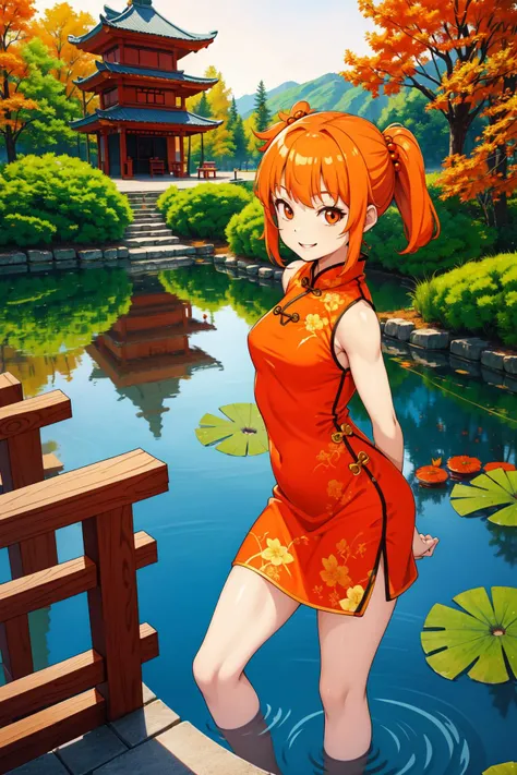 masterpiece, best quality, highres, 1girl, petite, orange hair, chinese dress, shrine, pond, smile, arms behind back, leaning forward