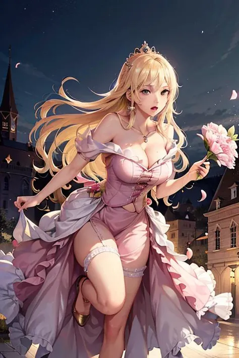 <lora:skintexturedreamlike_Lora300:0.5>, 1girl, (realistic, photo-realistic:1.37), dynamic angle, girl flying up to the sky by a tornado,, anti-gravity, full body, blonde hair, holding bouquet, floating flowers, highres, jewelry crown, full body, ornate de...