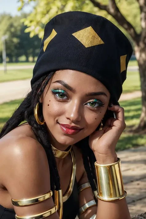 heles, eyeshadow, green eyes, hat, long black dreadlocks, dark skin, lipstick, mole under eye, armlet, bracelet, red lipstick, neck ring, gold crop top, looking at viewer, smiling, close up, outside, park, trees, winter, sunset,  high quality, masterpiece,...