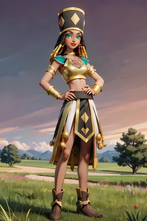 heles, hat, eyeshadow, green eyes, long black dreadlocks, dark skin, lipstick, mole under eye, bracelet, armlet, red lipstick, neck ring, gold crop top, midriff, white skirt, boots, looking at viewer,smiling, full body shot, standing, outside, grass, tree,...