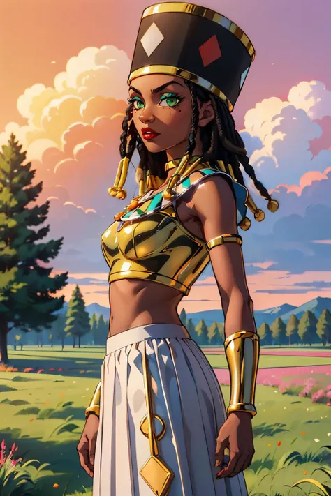 heles, hat, eyeshadow, green eyes, long black dreadlocks, dark skin, mole under eye, bracelet, armlet, red lipstick, neck ring, gold crop top, midriff, white skirt,looking at viewer, serious, medium shot, standing, outside, grass, tree, pink sky, high qual...