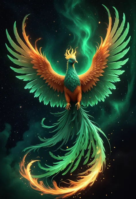 (medium full shot) of a ethereal phoenix with emerald green plumage glowing brilliantly, blazing wings unfurled majestically, a ...