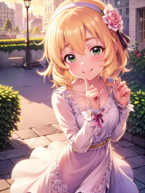 (masterpiece, best quality:1.2), illustration, (1girl,solo), nsfw, looking at viewer, sunny day, shiny sun lighting, city
, <lora:deremas-lite-v1-linear:1>, short blonde hair, green eyes, hair, smile, blush, wavy hair, hairband, flower, hair ornament, bow,...