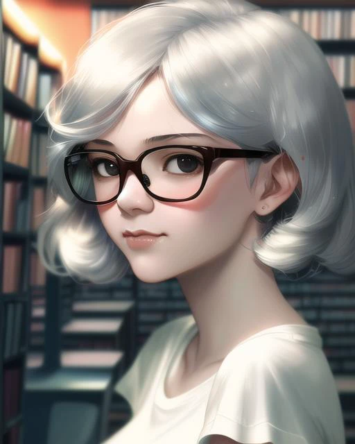 cyberpunk, portrait, (best quality:1.0), young 1girl, stunningly attractive, perfect feminine face, (cute:1.2), silver short wavy hair, (aroused:1.2), playful, (white t-shirts), library, detailed background, black eyes, highres, (closed mouth:1.1), dynamic...