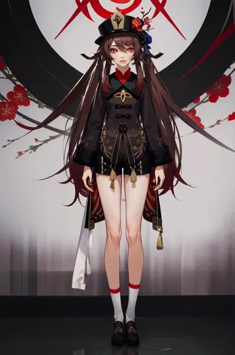 <lora:FemaleHeight:4> full body, standing,  <lora:Hu_Tao_Genshin:0.75> Hu_Tao_Genshin, 1girl, solo, long hair, red eyes, brown eyes, flower-shaped pupils, twintails, hu tao (genshin impact), hat, long sleeves, hat flower, jewelry, chinese clothes, shorts,,...