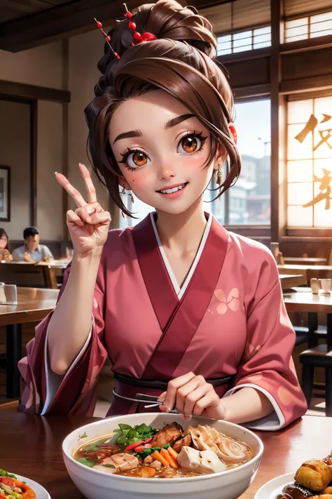 EPscFuu, short brown hair, brown eyes,ponytail, hairpin,hair ornament, red kimono, sash, long sleeves,looking at viewer, happy, teeth, blush, sitting, inside restaurant,hand, peace sign, table full of food, ramen, dumplings, grilled chicken, high quality, ...