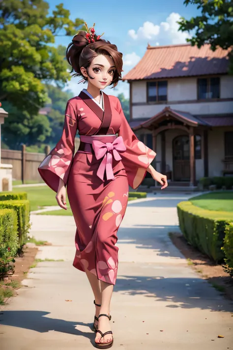 EPscFuu, short brown hair, brown eyes,ponytail, hairpin,hair ornament, red kimono, sash, long sleeves, sandals, looking at viewer, smiling, standing, full body shot, outside, town, dirt path, house, blue sky, high quality, masterpiece <lora:EPscFuu:.8>