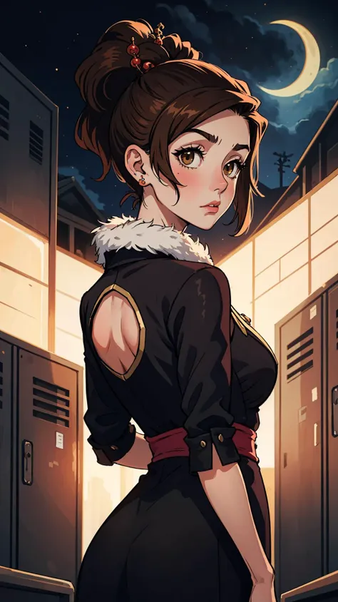 masterpiece, best quality, 1girl, solo, <lora:EPscFuu-07:0.9>, EPscFuu, brown hair, brown eyes,short hair, ponytail, hair ornament, from below, locker room, night, crescent moon, arms behind back, dress, clothing cutout, fur trim, earrings, wavy mouth