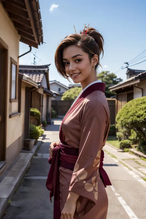 EPscFuu, short brown hair, brown eyes,ponytail, hairpin,hair ornament, red kimono, sash,  long sleeves, looking at viewer, smiling, standing, outside, japanese neighborhood, alley, trees, blue sky, high quality, masterpiece  <lora:EPscFuu:.8>