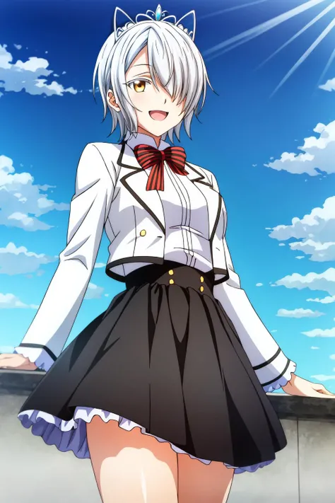 1girl, solo, looking at viewer, smile, short hair, skirt, shirt, long sleeves, bow, jacket, golden-brown eyes, white shirt, :d, outdoors, frills, sky, day, striped, cloud, bowtie, black skirt, hair over one eye, red bow, blue sky, tiara, red bowtie, chartr...