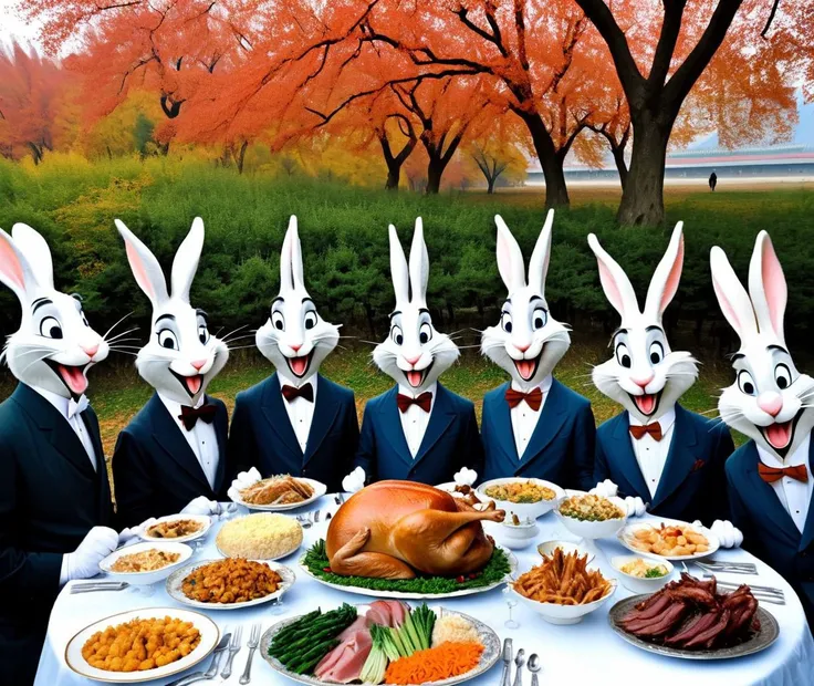 arafed image of a group of rabbits dressed in suits and ties sitting at a table with food