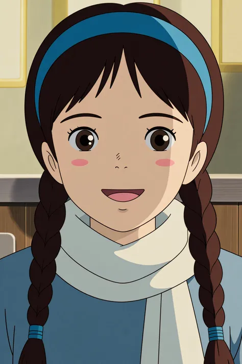 ghibli, the image portrays a young girl with a joyful smile on her face. she has long, dark hair styled in braids and is wearing...