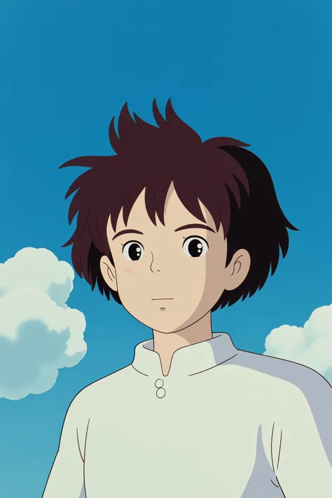 ghibli, boy looking the blue sky, white shirt