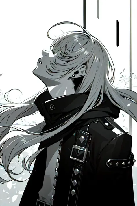 anime girl with long white hair and black jacket looking out a window