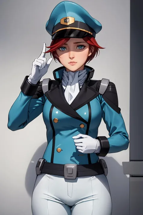 ultra detailed, sharp focus, best quality, masterpiece, <lora:natoraeinus-nvwls-v1:1> natora einus, peaked cap, military uniform, white gloves, blue pants, masterpiece, intricate details