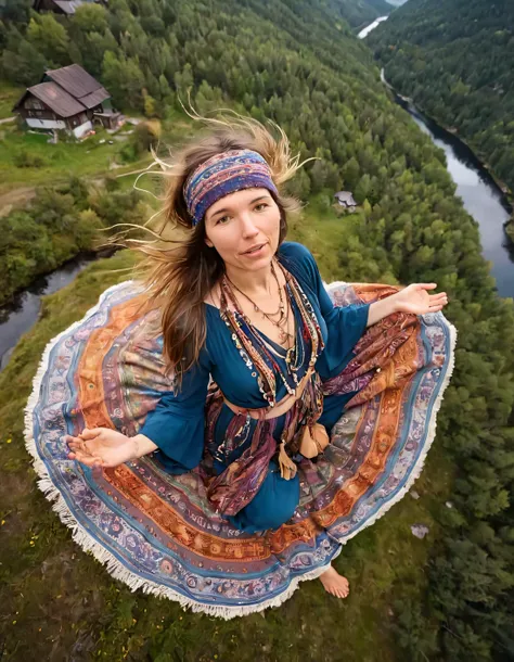 Spontaneous Eva, dressed in bohemian attire, graced the enchanting fantasy landscape, capturing every moment of serenity and boundless creativity from a mesmerizing birds eye angle as her imagination flowed effortlessly. Eva zu Beck <lora:llihmi18f72c1abf5...