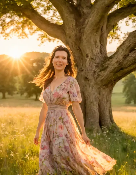 a woman in a floral dress walking through a field of grass