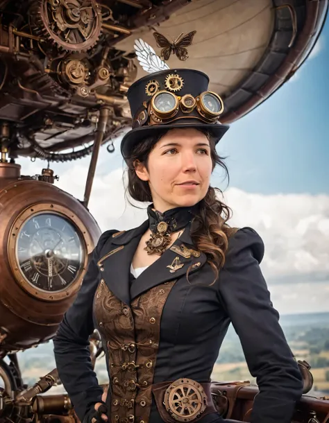 woman in steampunk outfit standing in front of a steam powered plane