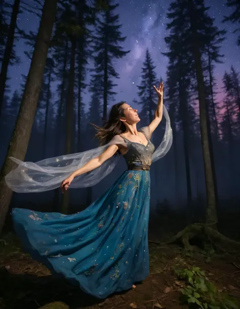 Eva zu Beck, the epitome of grace, danced magically amidst a mystic forest adorned in an ethereal gown adorned with enchanting embroidery, while, under the twilight sky, she captured a spontaneous moment within the fantastical realm of fantasy, exuding an ...