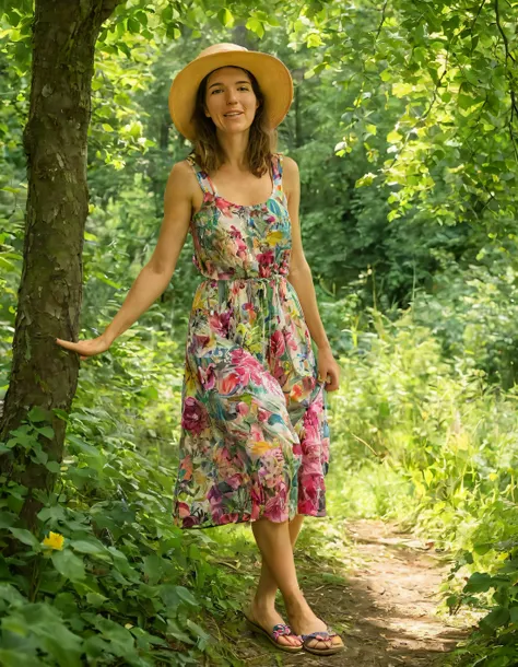 As Eva, dressed in her vibrant outfit consisting of a floral sundress, stylish hat and espadrilles, gracefully posed amidst the rustling trees and lush greenery, it seemed as if she personified a painting by artist Eva zu Beck, blending harmoniously with n...