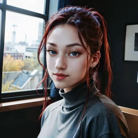 hdr, a portrait of BhadBhabie, wearing a turtleneck, ponytail, looking at viewer, smiling, indoors, bounce lighting, simple background <lora:BhadBhabie:.8>, extremely detailed,