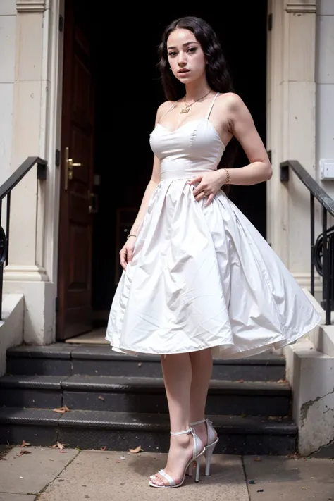 street fashion photography photo of BhadBhabie, wearing wedding dress, high heels, hospital, upper body, silhouette lighting, eye level, <lora:BhadBhabie:1>