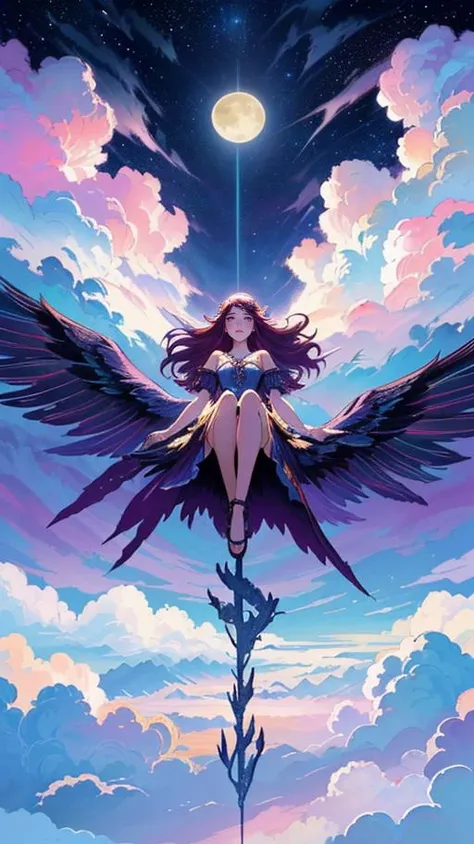 a girl sitting on top of a tall pole with wings