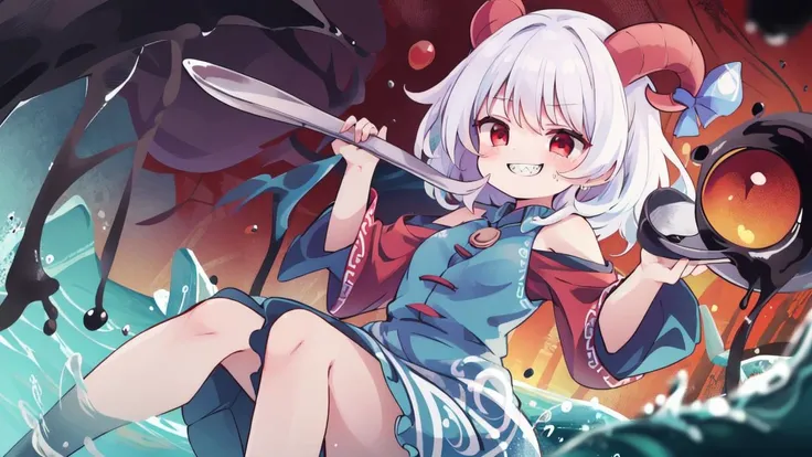 8k detail wallpaper,wallpaper,official art,
toutetsu yuuma,blue dress, red sleeves, bare shoulders,red eyes, (sharp teeth:0.4), white hair,
Dark cave, reddish stalactites, lake of blood, demonic girl, large spoon, devilish grin, submerged in a sinister und...