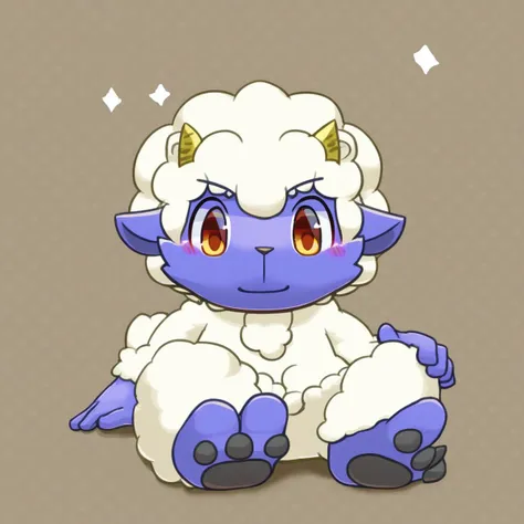 there is a cartoon sheep sitting on the ground with a white and blue coat