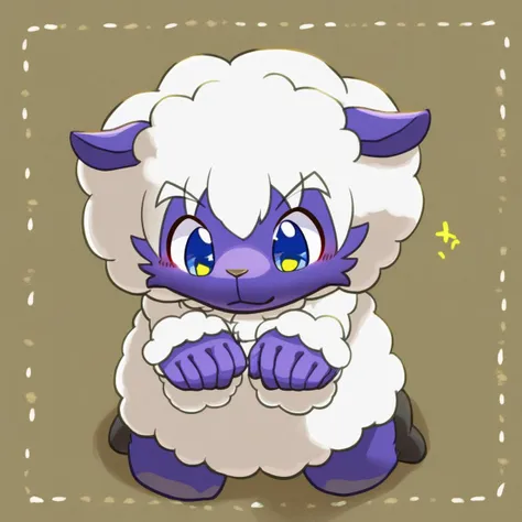 there is a cartoon sheep with a purple face and a white tail