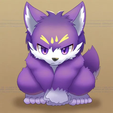 furry, anthro, cute, kemono, male focus, purple fur, yellow wing, purple eyes, big eyes, serious face, solo, full body, wolf