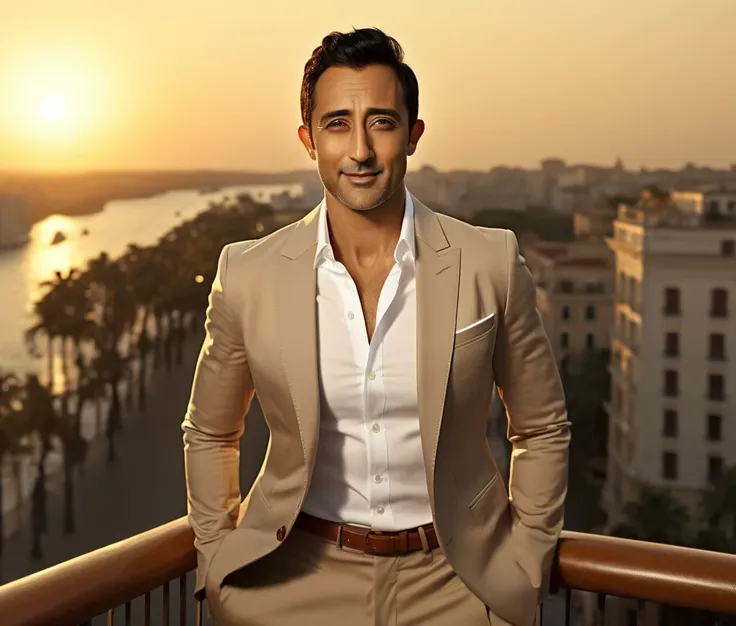 a close up of a man in a suit standing on a balcony