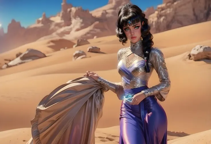 a close up of a woman in a purple dress in a desert