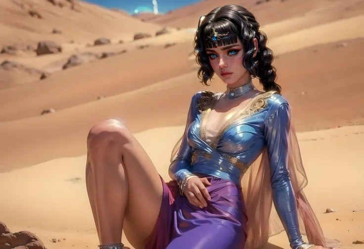 araffe woman in a purple dress sitting on a rock in the desert