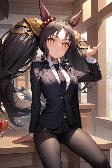 anime girl with long black hair sitting on a counter