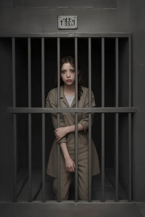 a woman in a jail cell with her arms crossed