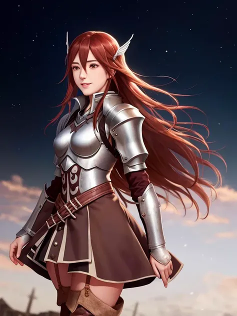 <lora:cordelia:0.8>, cordelia fe, 1girl, mature, realistic, photography, woman, beautiful face, small_breasts, western facial features, gray eyes, body view, seductive smile, armor, breastplate, thigh boots, hair ornament, garter straps, dress, skirt, anim...