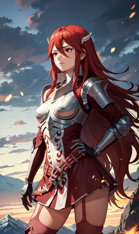 1girl, cordelia fe, hair ornament, red eyes, red hair, wallpaper, landscape, depth of field, night, mountainous horizon, night sky, light particles, light rays, sidelighting, thighs, fire emblem, armor, breastplate, gauntlets, skirt, belt, garter straps, t...