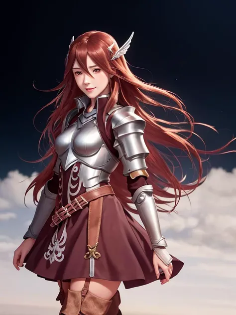 <lora:cordelia:0.8>, cordelia fe, 1girl, mature, realistic, photography, woman, beautiful face, small_breasts, western facial features, body view, seductive smile, armor, breastplate, thigh boots, hair ornament, garter straps, dress, skirt, anime, illustra...